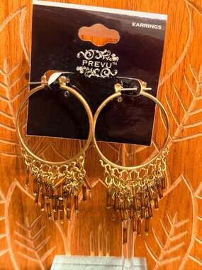 Prevu Gold-Tone Hoop Earrings with Beaded Chain Fringe 1.5" x3"